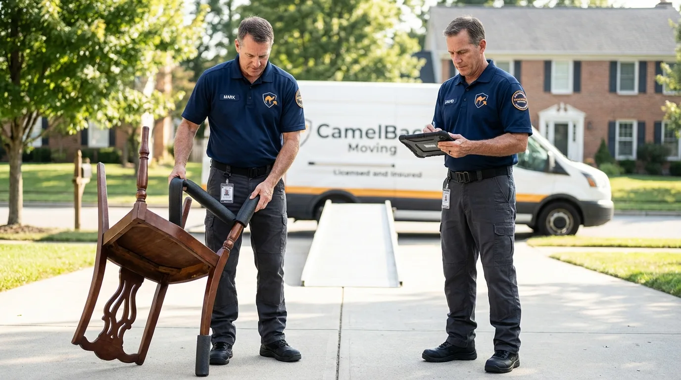 Movers inspecting furniture for damage prevention before loading in Winter Haven, FL
